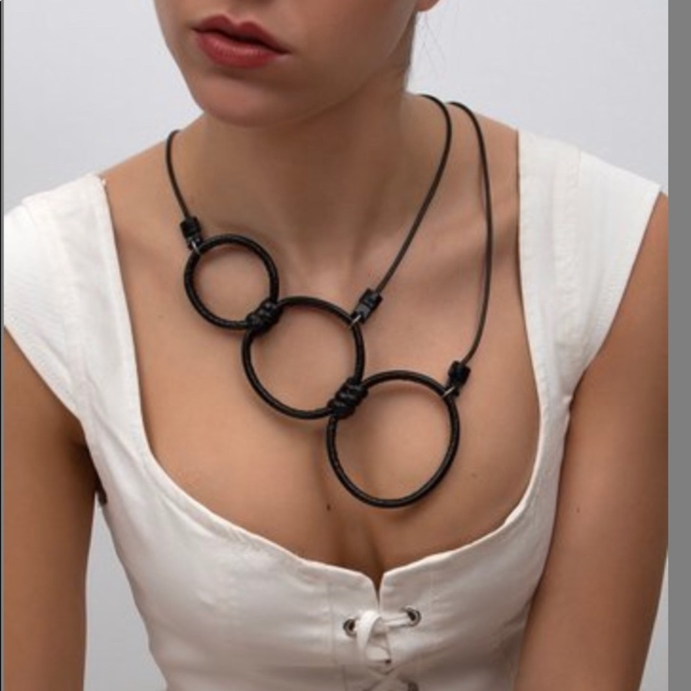 Black Leather Triple Circle Statement Necklace - image 1